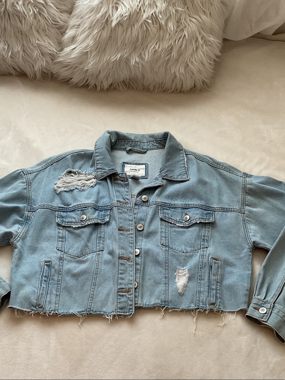 Forever 21 Light Blue Cropped Distressed Denim Jacket